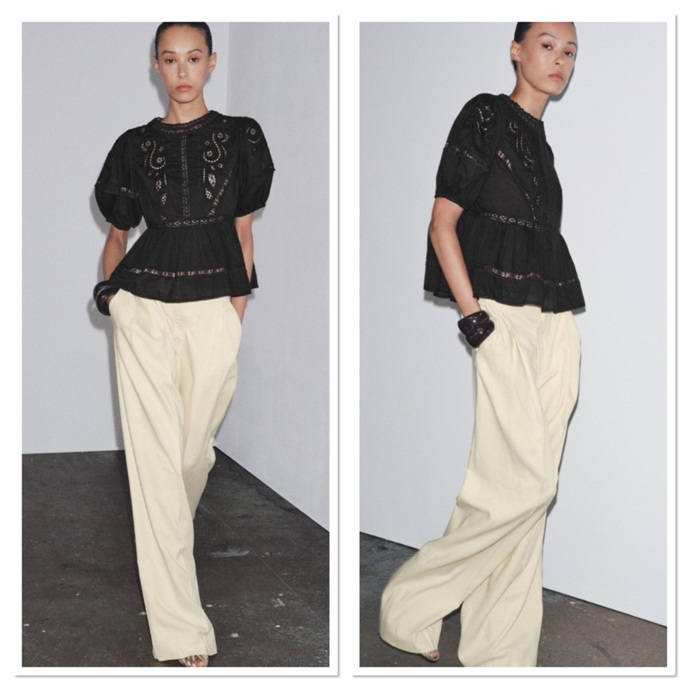 Zara Round Neck Short Sleeve Embroidered Romantic Blouse Top Sz:L Black - Picture 3 of 9